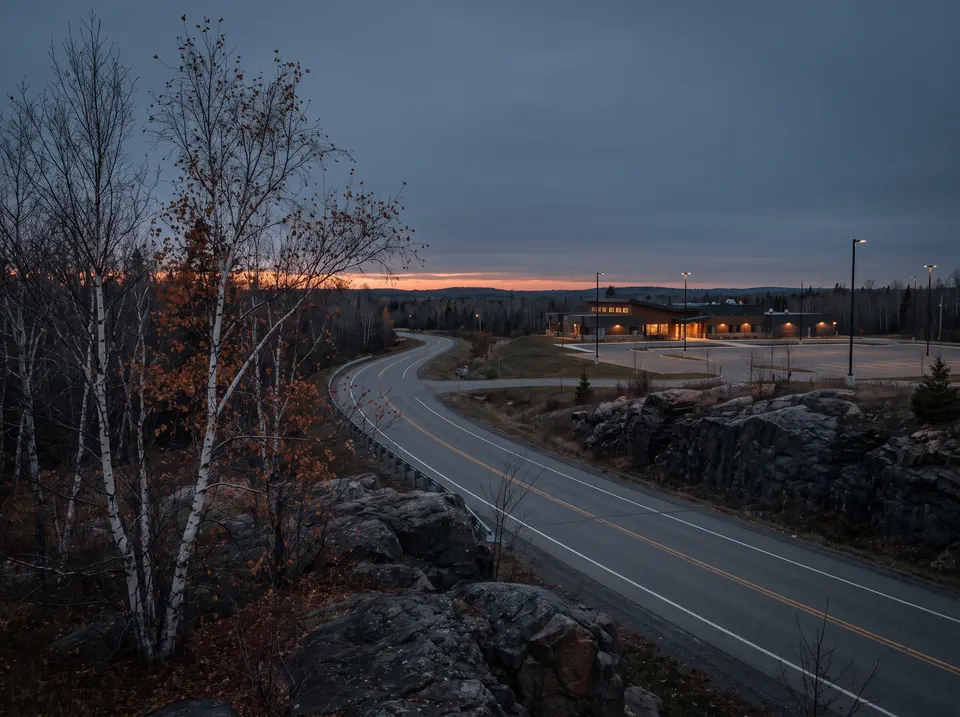 Generated scene: a two-lane road curving past dark rock and white birches at dusk toward a low building with lit windows and an empty parking lot.